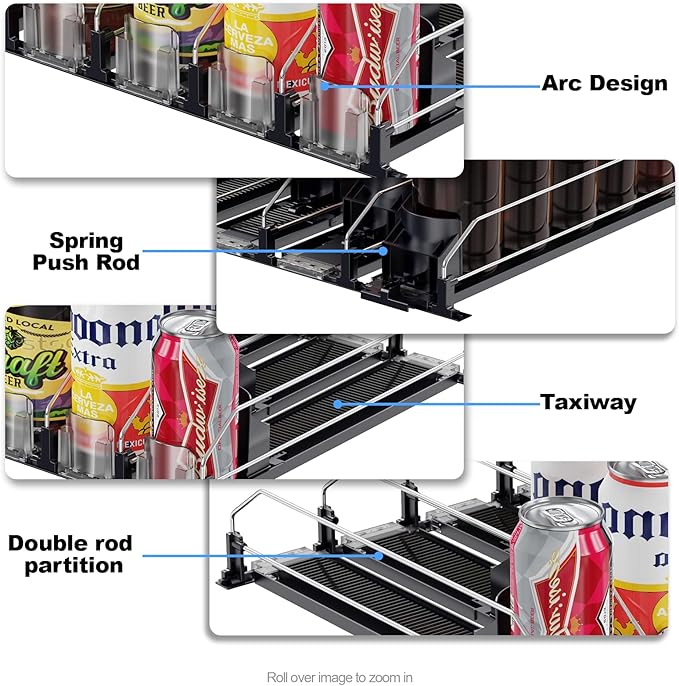 Drink Organizer for Mini Fridge,12oz 16oz 20oz- Soda Can Dispenser for Refrigerator,Width Adjustable,Automatic Pusher Glide (White (Mini 12.2"D), 12.2"D 3ROW, Holds 12 Cans)