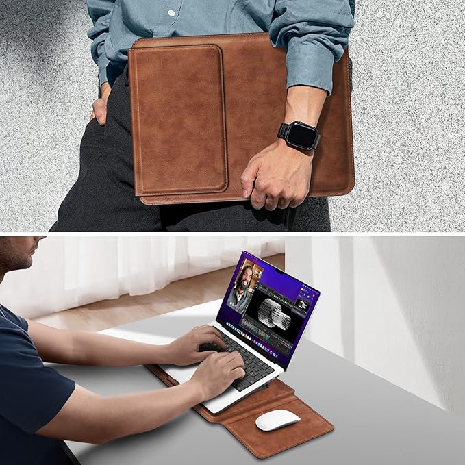 Fintie Sleeve Case for MacBook Air 13.6 A3240 A3113 A2681, Pro 14 A3434 A3401 A3185 A3112 A2992 A2918 A2779 A2442, MacBook Pro/Air 13 - PU Leather Slim Bag Cover with Stand Feature, Brown