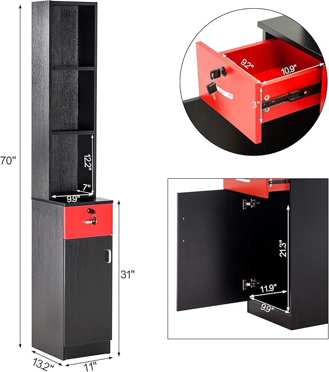 BarberPub Locking Wall Mount Hair Styling Barber Station Drawer Storage Beauty Salon Spa Equipment for Barber Salon 3036-1 (Black&Red)