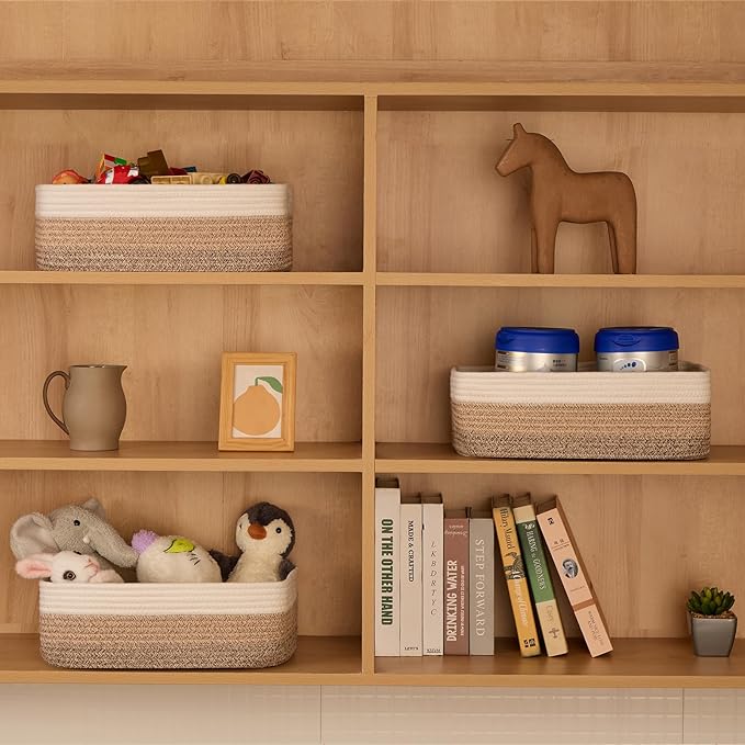 Large Shallow Organizing Baskets 15x11x5.1 Inches - Rope Woven Storage Bins for Bathroom, Shelves, Cube Closet, Gradient Brown 4 Packs