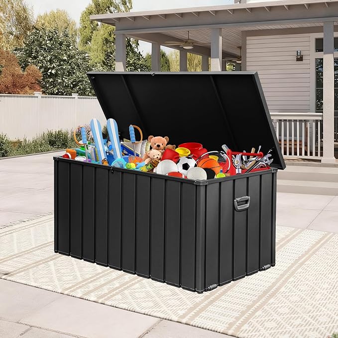 Domi 190 Gallon Deck Box, Metal Outdoor Storage Box with Lock Wheels Side Handles, Waterproof Outside Storage Box for Patio Cushions, Shoes & Pool Tools