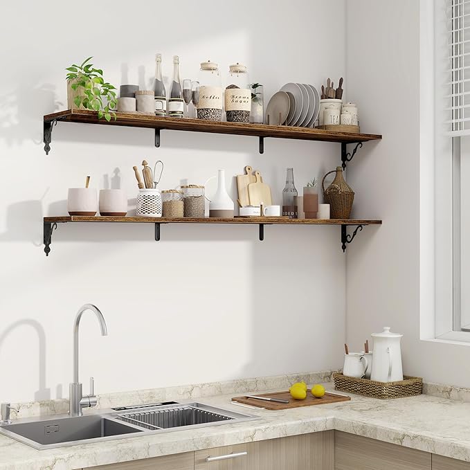 Fun Memories 55 Inch Floating Shelves, Long Floating Shelves Wall-Mounted, 8 Inch Deep Bookshelf with Bracket, 55" W x 8" D Shelves for Wall Display & Storage, Rustic Brown, Set of 2