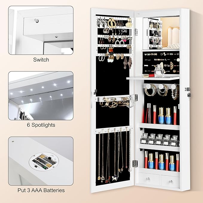 Mirror Jewelry Organizer, Wall/Door Mounted Jewelry Armoire with Full-Length Mirror,Hanging Jewelry Cabinet with LED Interior Lights, White