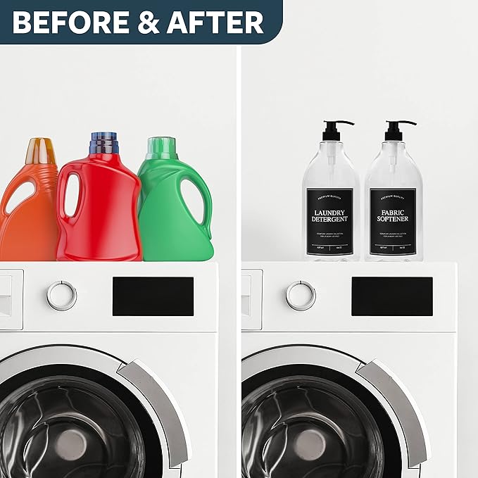 Calindiana Laundry Detergent Dispenser for Laundry Room Organization, Clear 64oz PET Plastic Landry Soap Containers with Black Water Resistant Labels, Black Pumps and Screw Caps, Collapsible Funnel