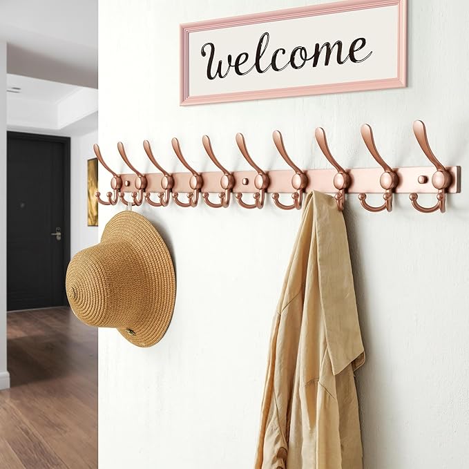 Dseap MaxStrong 2.0 Coat Rack Wall - 37” Long 10 Tri Hooks - Ultra Heavy-Duty Stainless Steel Wall Mount Coat Hanger, Hook Rail for Clothes Hats Jacket Towels Rose Gold