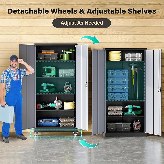 SISESOL 75" Tall Metal Storage Cabinet with Wheels,Rolling Garage Storage Cabinet with Lock,Gray Metal Cabinets with Wheels and Shelves,Tall Tool Cabinets on Wheel for Garage,Home,Office,Shop
