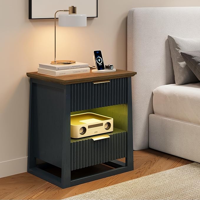HIFYOBRO Fluted Nightstands Set of 2 with Charging Station & Motion Sensor Light, Modern Bedside Tables with 2 Drawers and Storage Shelf for Bedroom, Blue