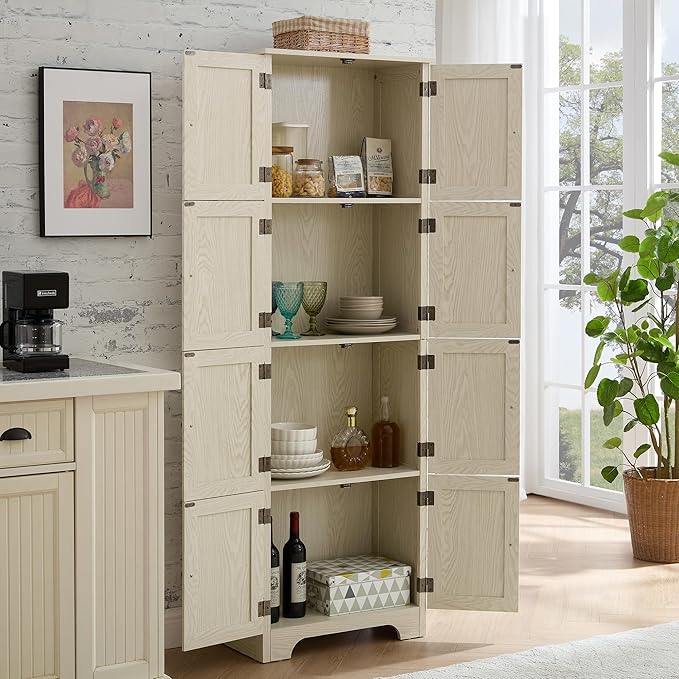 72" H Farmhouse Storage Cabinet, 4 Tier Kitchen Pantry Cabinet with 4 Shelves, 8 Doors Freestanding Floor Storage Cabinet Wooden Organizer Bookcase for Living Room & Kitchen (White)