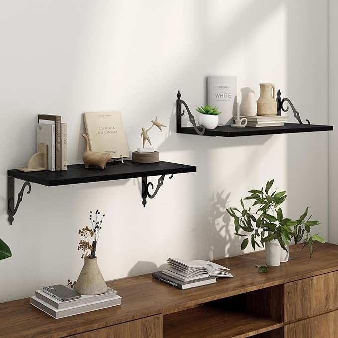 Floating Shelves for Wall, 24"W x 12"D Wall Shelves, 12 Inch Deep Floating Shelf with Bracket, 24 Inch Floating Shelves for Living Room and Bathroom, Display & Storage Shelves, Black, Set of 2