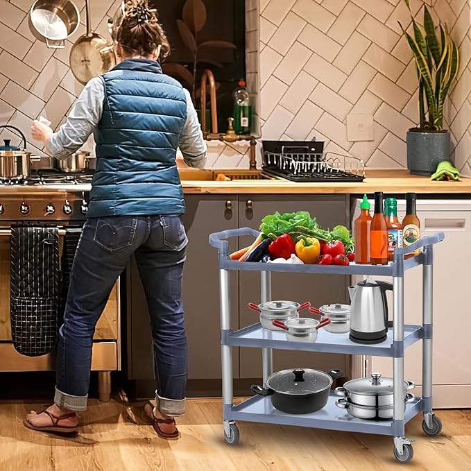 3-Tier Heavy Duty Utility Cart with Wheels, 43" Lx 21" W x 38" H, Durable Rolling Cart for Restaurant, Office, Kitchen, and Warehouse Use, Lockable 360° Swivel Casters Service Cart, Grey