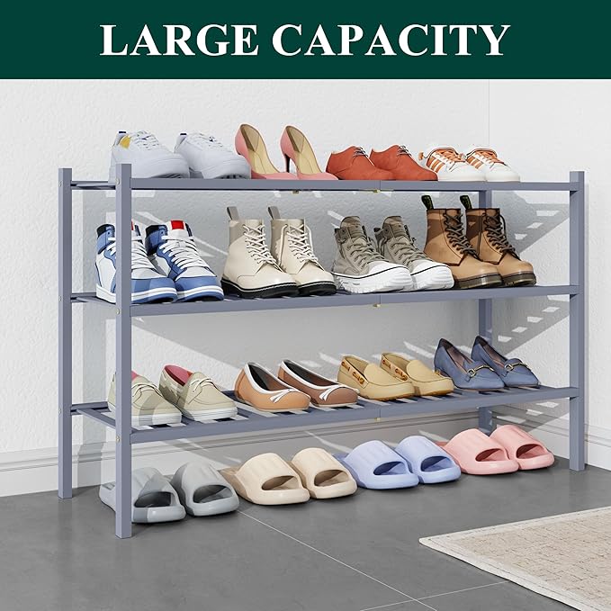 Smiry Bamboo Shoe Rack for Closet, 3 Tier Long Wooden Stackable Shoe Organizer, Free Standing Shoes Storage Shelf for Entryway, Front Door Entrance, Grey