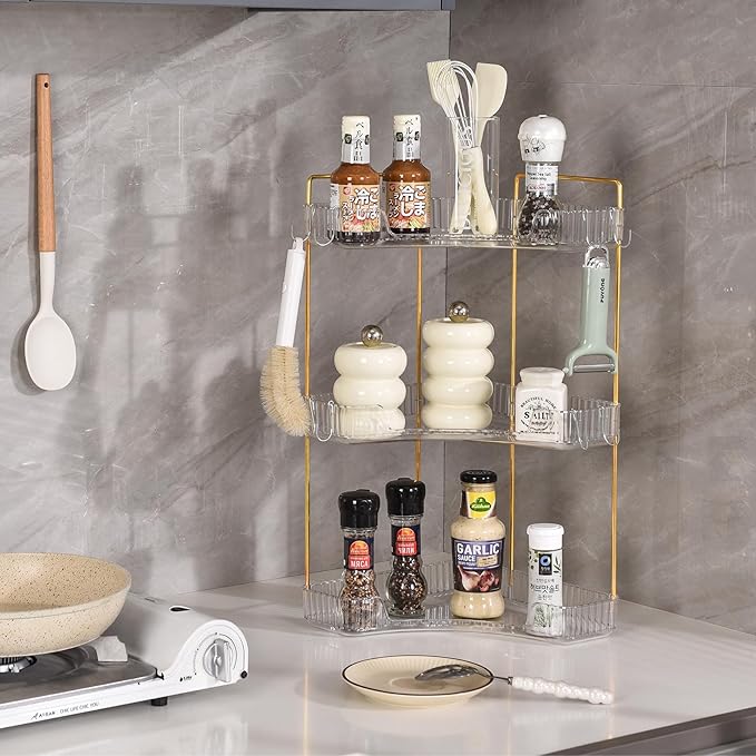 3 Tier Plastic Bathroom Sink Organizer with Hooks, Corner Bathroom Counter Organizer Makeup Storage Vanity Tray for Countertop (White Gold)