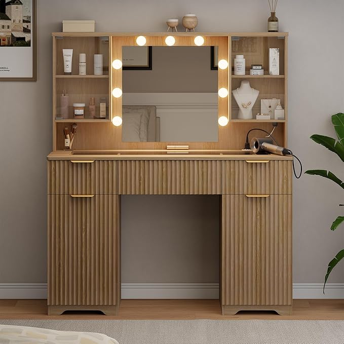 ONME Fluted Vanity Desk 47.2" with Mirror and Lights, Big Vanity with 5 Large Drawers and Adjustable Shelves, Makeup Vanity Table with Glass Top and Charging Station for Women and Girls Bedroom