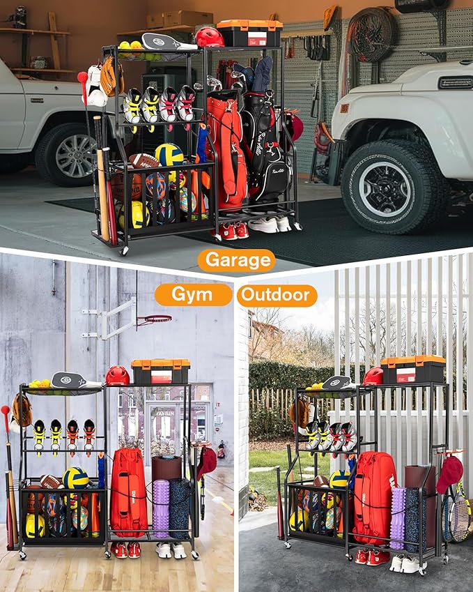 Garage Sports Equipment Organizer with Wheels - Golf Bag Storage Rack and Ball Storage Bins, Heavy Duty Rolling Garage Organizer System with Basket and Hooks for Indoor/Outdoor Sports Gear