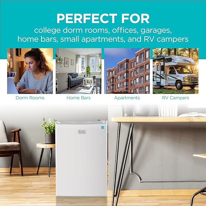 BLACK+DECKER 2.5 Cu. Ft. Compact Refrigerator, ENERGY STAR Certified, Single Door Mini Fridge with Chiller Compartment, Personal Fridge for Home or Dorm Room, R600a Refrigerant, BCRK25W, White