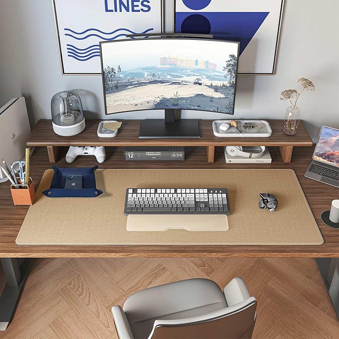 DAWNTREES Dual Sided Desk Mat,Leather Desk Pad,35.5"x17",Cork Desk Mat Protector,with PU Leather Valet Tray Organizer,Large Mouse Pad,Desk Writing Pad for Office and Home(Dark Blue)