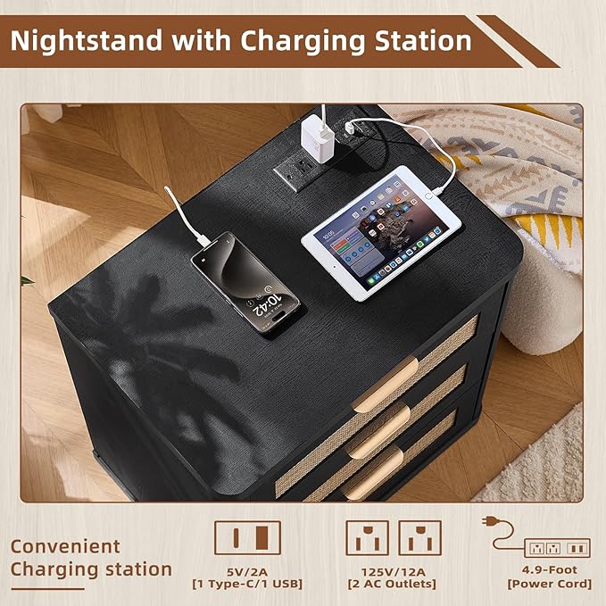 LEYAOYAO Rattan Night Stand Set of 2 with Charger Station, 23" Large 3 Drawer Boho Nightstand, Black Bedside Table Storage Cabinet, Bed Side End Tables for Bedroom, Living Room, Hallway