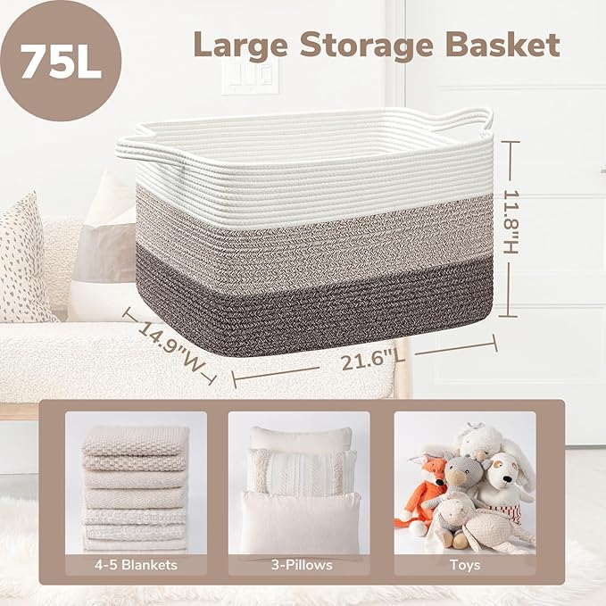 Goodpick Large Woven Storage Basket, 21.6"x14.9"x11.8", Blanket Storage for Bedroom and Living Room, Rectangle Rope Baskets for Storage, White Brown