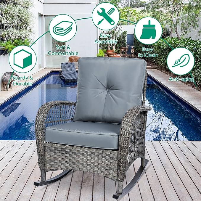 VIVIJASON 3-Piece Outdoor Conversation Bistro Set, Patio Wicker Rocking Chairs Rattan Furniture Sets w/ 2 Rattan Chairs, Cushions, Glass Top Side Table for Garden Porch Backyard (Grey)