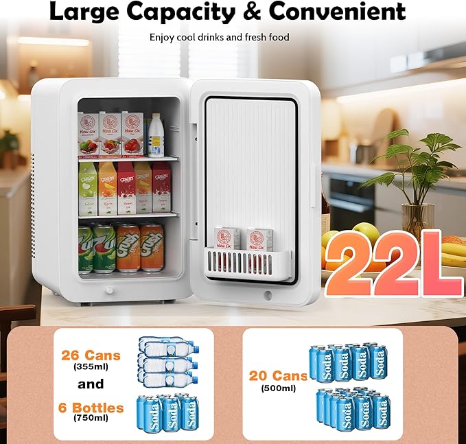 13L/22L Mini Fridge for Bedroom, Non-condensing Small Skincare Fridge, 110V/12V Portable Refrigerator Cooler & Warmer for Drinks, Food, Beauty, Makeup, Dorm, Car, Office