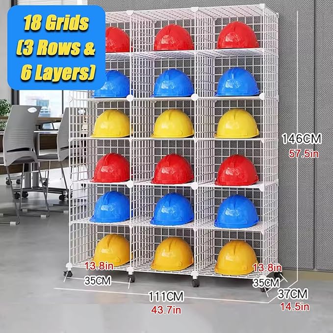 Stackable Safety Helmet Storage Boxes, Large Adjustable Hard Hat Placement Organizer Rack,with Wheels,for Construction Site/Garage/Workshop/Factory Helmet Display Shelf (White, 18 Grids-3 * 6)