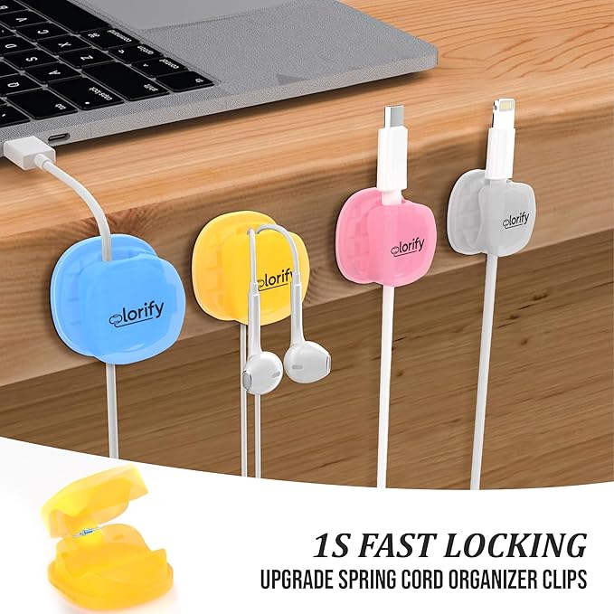 Spring Cable Clips 8-Pack Adhesive Cord Holders for Desk, Nightstand, Laptop, Phone Charging Clips & Car Cable Organizer for Home, Office & Charging Cord Management-(Multicolor)
