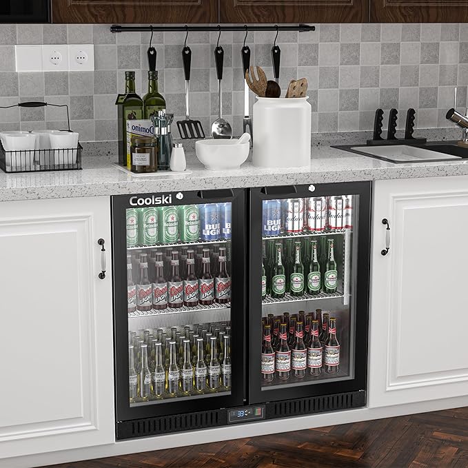 Coolski Back Bar Cooler Commercial Undercounter Refrigerator with 2 Glass Door, Bar Beverage Refrigerator for Beer Soda Wine 7.0 Cu.Ft. Capacity LED Lighting ETL NSF Approved, Black