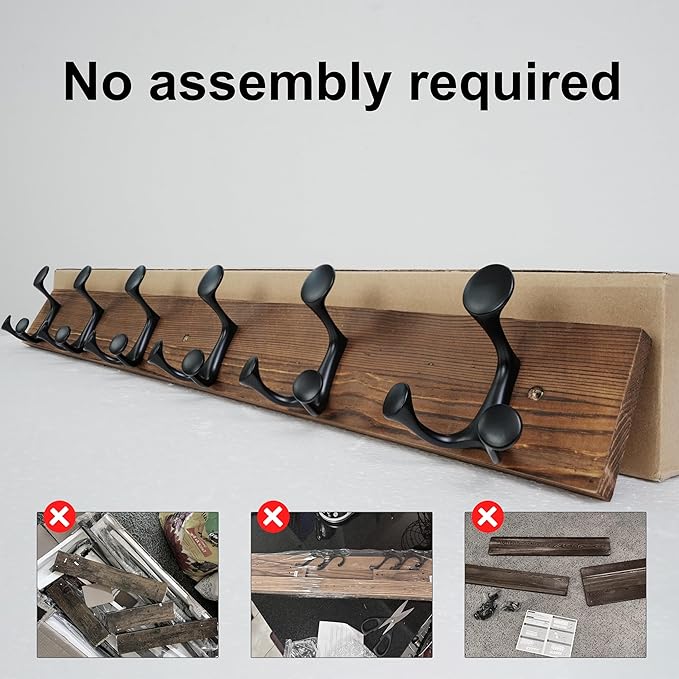 SKOLOO 36-Inch Wood Coat Rack Wall Mount with 6 Triple Hooks - Ideal for Family Entrances, Classrooms, and Pet Supplies Storage - Perfect Coat Hooks for Wall,Charred Golden Brown