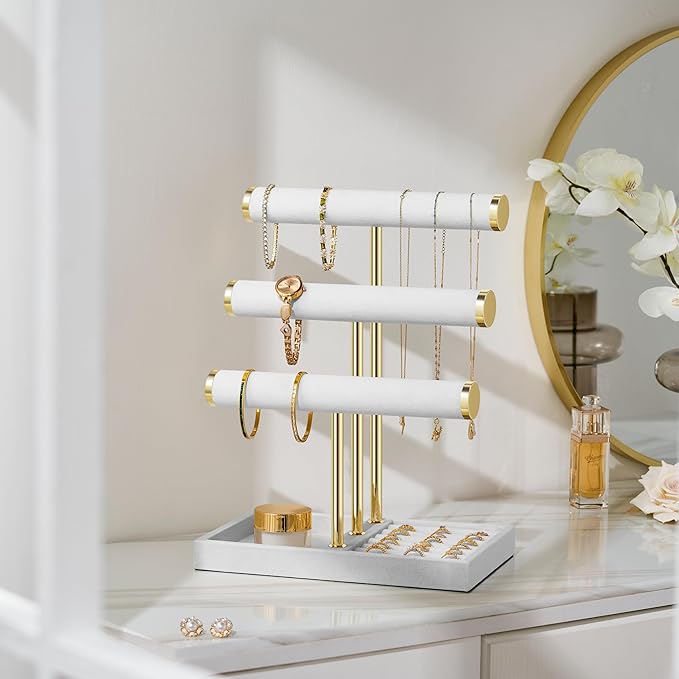 3 Tier Bracelet Holder Display - Detachable T Bar White Velvet Bracelet Holder, Jewelry Holder Organizer for Bracelet, Necklace, Watches, Rings