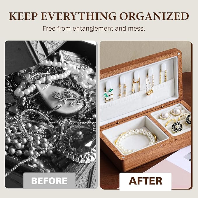 LadyRosian Wooden Small Jewelry Box - Mini Wood Travel Jewelry Case Portable Organizer for Rings, Earrings, Necklaces & Bracelets Storage Women Girls Men,Sapele