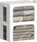FHSQX 2 Pack Clear Window Storage Bins - Large Stackable Linen Fabric Storage for Clothes Foldable Container Organizer Set with Carrying Handles (Lvory White, 15.7x 11.8x 11.7 Inch)