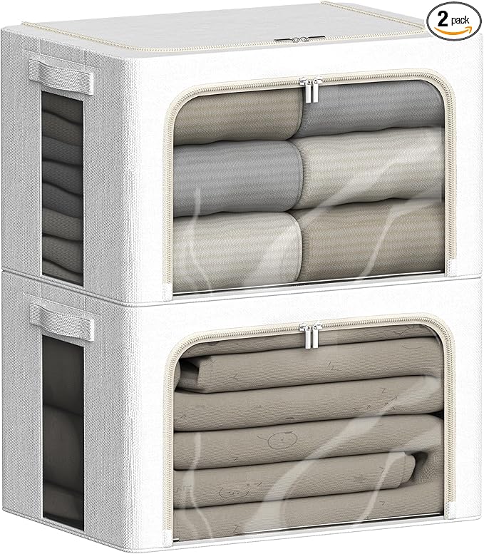 FHSQX 2 Pack Clear Window Storage Bins Large Stackable Linen Fabric Storage for Clothes Foldable Container Organizer Set with Carrying Handles (Lvory White, 15.7x 11.8x 7.8Inch)