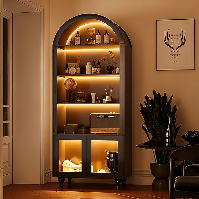 Wooden Arched Bookshelf,5-Tier Shelf,Farmhouse Storage Display Cabinet Etagere Bookcase, Large Bookshelf,Tall Open Storage Cabinet for Home Office Living Room&Kitchen(Black-Arched top)