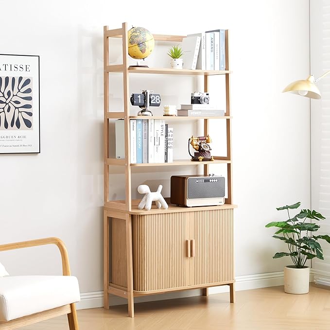 4-Tier Bookshelf, Tall Bookcase with Open Shelf and Sliding Door, 70” Freestanding Storage Organizer Display Cabinet for Living Room, Home Office (Natural)