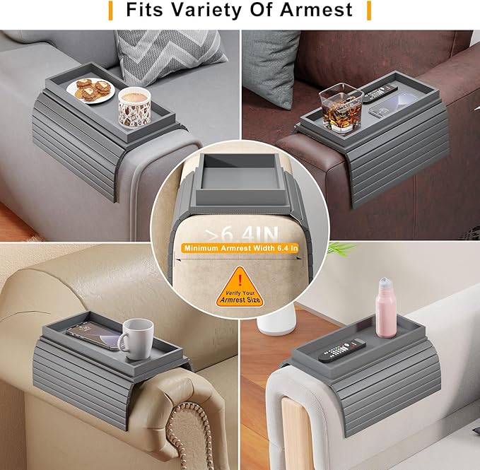 Sofa Armrest Tray Table for Couch - 2-in-1 Foldable Couch Arm Table with Be Slide Detachable Tray - Anti-Slip Sofa Armchair Caddy for Drinks Cup Cellphone TV Remote Snacks (Gray)