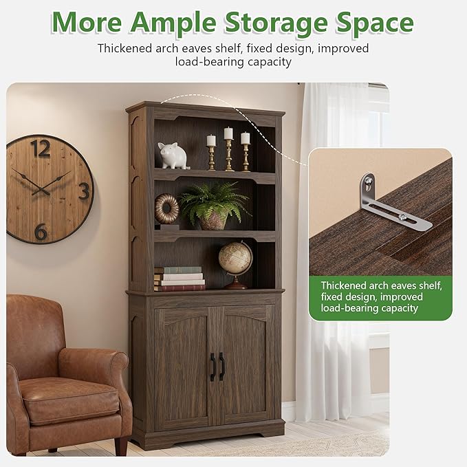 70 Inch Farmhouse Bookcase, Walnut Two-Tone Shelves, 5 Tier Bookshelf with Arched Trim Doors, Living Room Storage Cabinet Unit, 31.5x11.8 Inches (Walnut, Doors Storage)