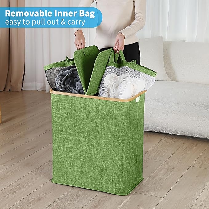 efluky Laundry Hamper with Lid, Double Laundry Hamper with 2 Removable Bags, 2 Section Laundry Basket with Bamboo Handles for Bathroom, Bedroom & Laundry Room,140L Green