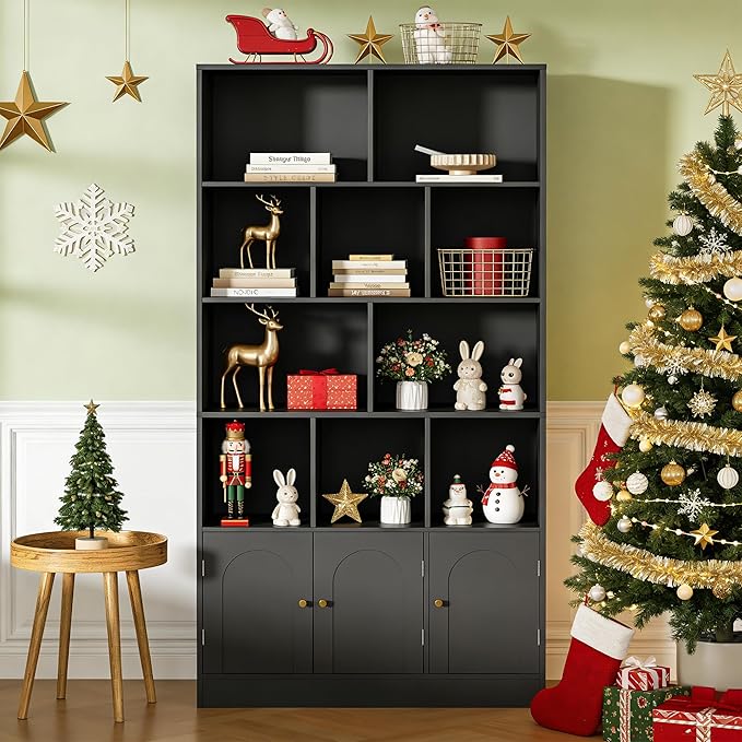 71" Tall Bookshelf with 10 Cubes and 3 Doors, 4-Tier Bookshelf, Open Shelf Bookcase with Cabinet, Modern Cube Storage Organizer for Living Room, and Office, Black