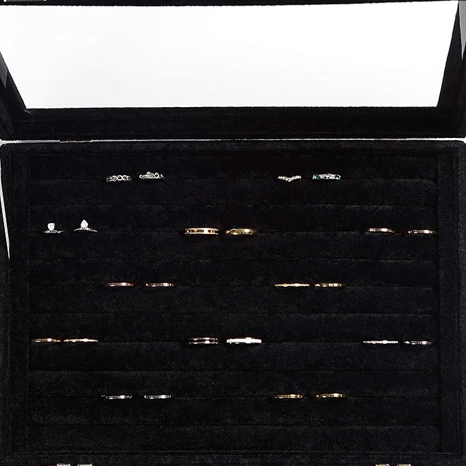 Frebeauty Rings/Earrings Organizer Tray with Clear Lid 10 Slots Velvet Drawer Insert Jewelry Storage box with Transparent Glass lid Jewelry Display Case Showcase Gift for Girls Women (Black, 10 Slots)