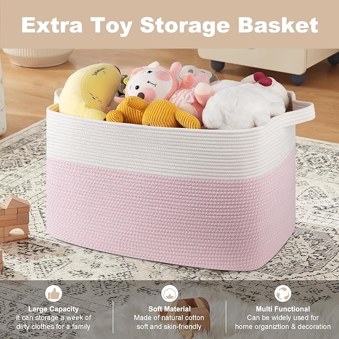XXXL Large Blanket Basket, 108L Cotton Rope Storage Basket for Living Room, Supre Large Toy Baskets for Kids, Woven Basket for Clothes, Towels, Pillows, 25" x 16" x 16", Pink and White