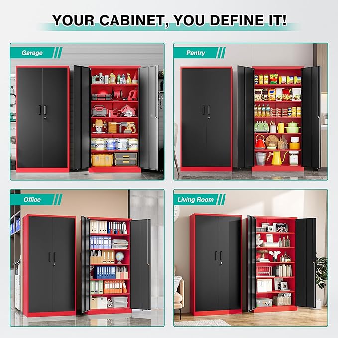 6 Tier Garage Storage Cabinet with 5 Adjustable Shelves,Metal Storage Cabinet with Lock,Red Black Metal Cabinet with Locking Doors,Steel Locker,71" Lockable Storage Cabinets for Home,Office,Garage