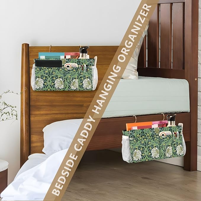 Bedside Caddy for Dorm Bed Bedside Hanging Caddy Bag Iron Frame Storage Organizer Pocket for Bunk Home College Hospital Beds 2 Hooks