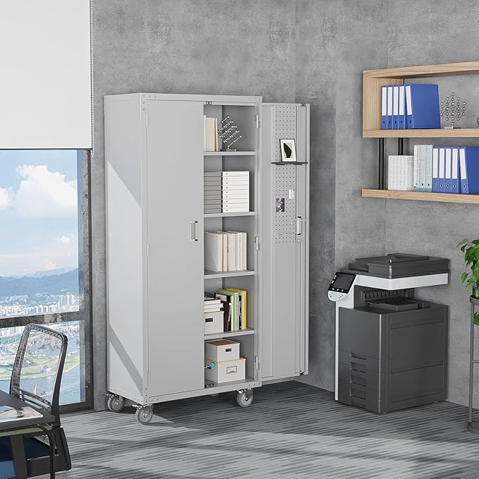 VINGLI 72'' Tall Garage Storage Cabinet, Metal Storage Cabinet with Pegboards, Wheels, Locking Doors and Adjustable Shelves (Gray, 32''W x 16''D x 72''H)