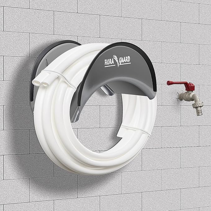 FLORA GUARD Garden Hose Holder, Heavy-Duty Metal Hose Hanger, Holds Up to 125 ft, Gaeden Hose Wall Mount for Outdoor Patio, Rust and Slip Resistant (Gray)