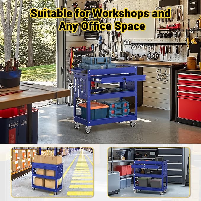 3 Tier Rolling Tool Cart on Wheels, 550 LBS Tool Cart with Drawers，Heavy Duty Utility Cart with Pegboard and Hook，Mechanic Tool Storage Cart for Garage, Warehouse and Repair Shop(Dark Blue)