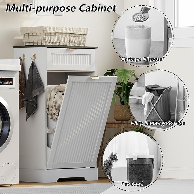 13 Gallons Tilt Out Trash Can Cabinet, Wooden Fluted Trash Garbage Can Cabinet with Drawers, Hidden Laundry Hamper with Hooks for Kitchen Living Room, White