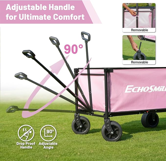 EchoSmile Collapsible Wagon Cart for Camping & Beach - Heavy Duty 400lbs Capacity All-Terrain Cart with Wide Wheels, Portable Folding Utility Wagon for Grocery, Garden, Sports,Pink&Gray