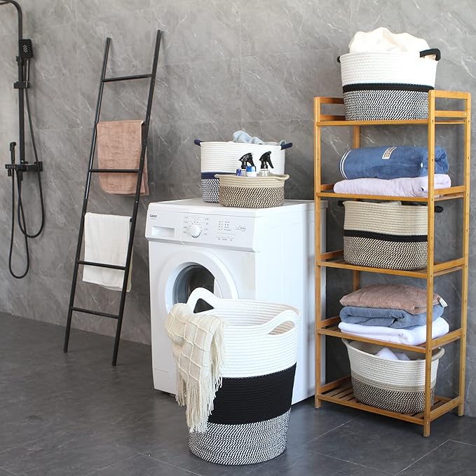 Sea Team Large Size Cotton Rope Woven Storage Basket with Handles, Laundry Hamper, Fabric Bucket, Drum, Clothes Toys Organizer for Kid's Room, 20 x 14 inches, Round Open Design, White & Mottled Black