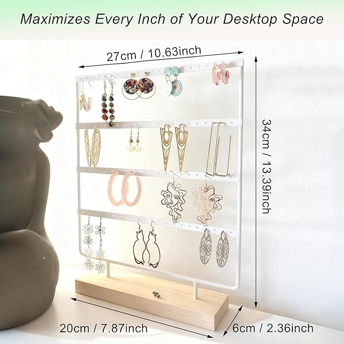 Earring Organizer Stand for Women, 4 Tier Tall Jewelry Holder Organizer Rack, Tabletop Display Rack Multiple Pierced Earrings, Wood and Iron Hanging Jewelry Organizer