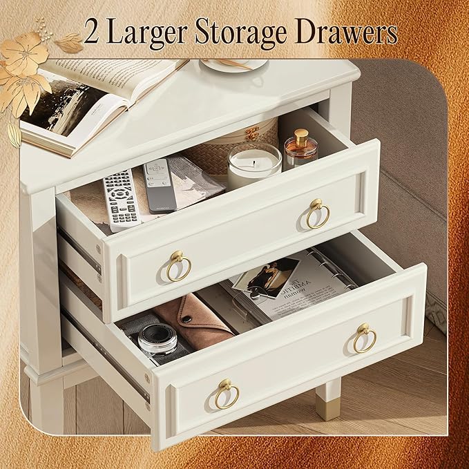 Huuger 27.6 Inch Tall Nightstand with Charging Station, USB-C Port, 2 Drawers Bedside Table, Larger Night Stand with 11.4 Inch Raised Legs, Painted Side Table End Table, for Bedroom, Milky White